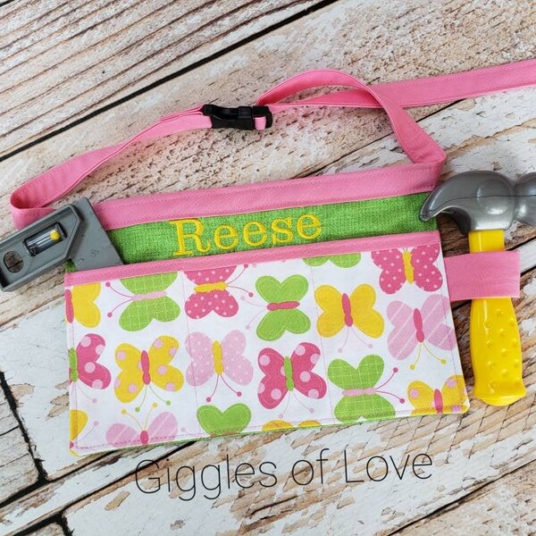 Personalized Tool Belt Kitchen Art Apron Utility Belt for Toddler Child Kids Girl, Toy Handmade Gift, Buckle- Pink Lime Yellow Butterflies