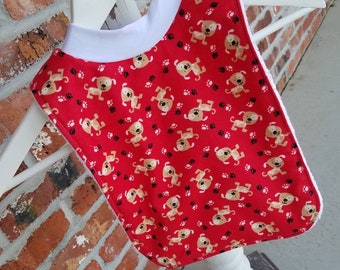 Infant or Toddler Pull Over Bib (Flannel and Terry Cloth) - Red with Puppy Dogs