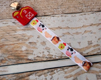 Baby Pacifier Clip - Sweet Farm Animals, Cow Sheep Chick Horse, Farming, Country Boy Country Girl (Shabby Rose or Feltie Option)