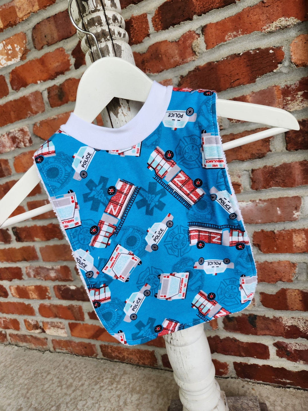 Infant or Toddler Pull Over Bib flannel and Terry Cloth Rescue Vehicles