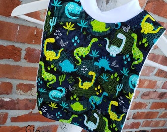 Infant or Toddler Pull Over Bib (Flannel and Terry Cloth) - Friendly Dinosaurs on Black