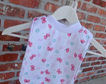 Infant or Toddler Pull Over Bib (Flannel and Terry Cloth) - Pink Butterflies Aqua Flowers