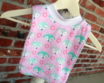 Infant or Toddler Pull Over Bib (Flannel and Terry Cloth) - Pink Aqua Teal Gray Girly Fox Woodland Forest Friends