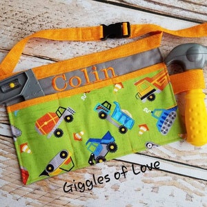 Personalized Tool Belt Kitchen Art Apron for Toddler Child Kids, Toy Handmade Gift, Buckle- Construction Equipment on Green (Belt Only)