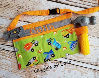 Personalized Tool Belt Kitchen Art Apron for Toddler Child Kids, Toy Handmade Gift, Buckle- Construction Equipment on Green (Belt Only)