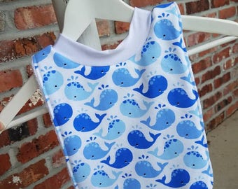 Infant or Toddler Pull Over Bib (Flannel and Terry Cloth) - Blue and Light Blue Friendly Whales
