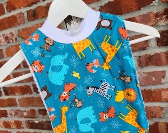Infant or Toddler Pull Over Bib (Flannel and Terry Cloth) - Zoo Animals on Teal
