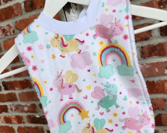 Infant or Toddler Pull Over Bib (Flannel and Terry Cloth) - Unicorns and Rainbows