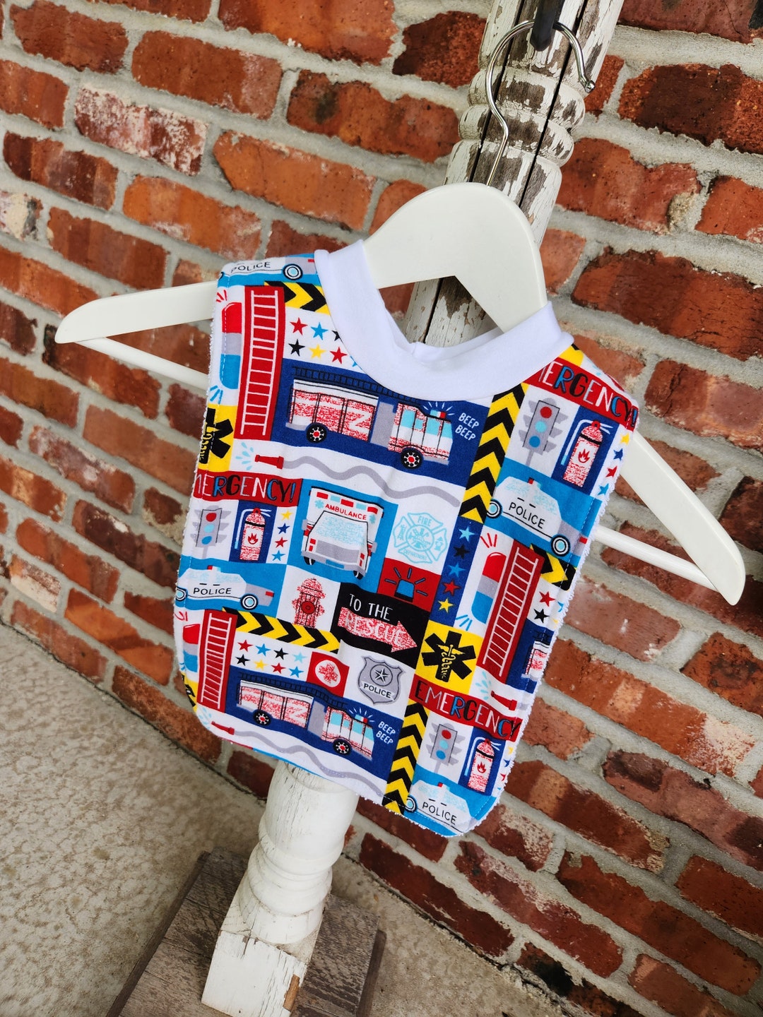 Infant or Toddler Pull Over Bib flannel and Terry Cloth Rescue Vehicles