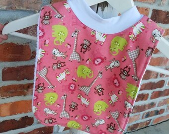 Infant or Toddler Pull Over Bib Large - Jungle Animals giraffe lion monkey elephant zebra pink lime Baby Girl Toddler Flannel Terry Cloth