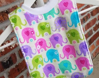 Infant or Toddler Pull Over Bib (Flannel and Terry Cloth) - Bright Pink, Lime, Purple, and Bright Blue Elephants
