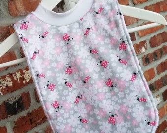 Infant or Toddler Pull Over Bib (Flannel and Terry Cloth) - Ladybugs in Pink on Gray