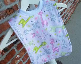 Infant or Toddler Pull Over Bib Large - Pink Lime Giraffe - Baby Girl Toddler Girl Flannel Terry Cloth