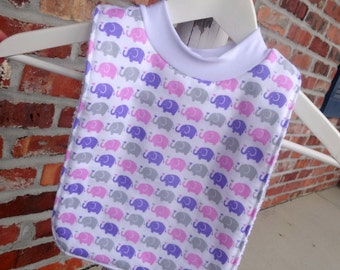 Infant or Toddler Pull Over Bib (Flannel and Terry Cloth) - Purple, Pink, and Gray Elephants