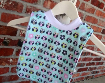 Infant or Toddler Pull Over Bib (Flannel and Terry Cloth) - Pink Teal Gray Lime Owls on Aqua Background