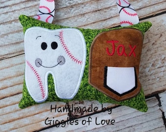 Personalized Tooth Fairy Pillow w/Front Pocket - Boy Girl Tooth Pillow - Baseball Player Sports