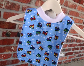 Infant or Toddler Pull Over Bib (Flannel and Terry Cloth) - Train Choo-Choo Blue Red Yellow Green Baby