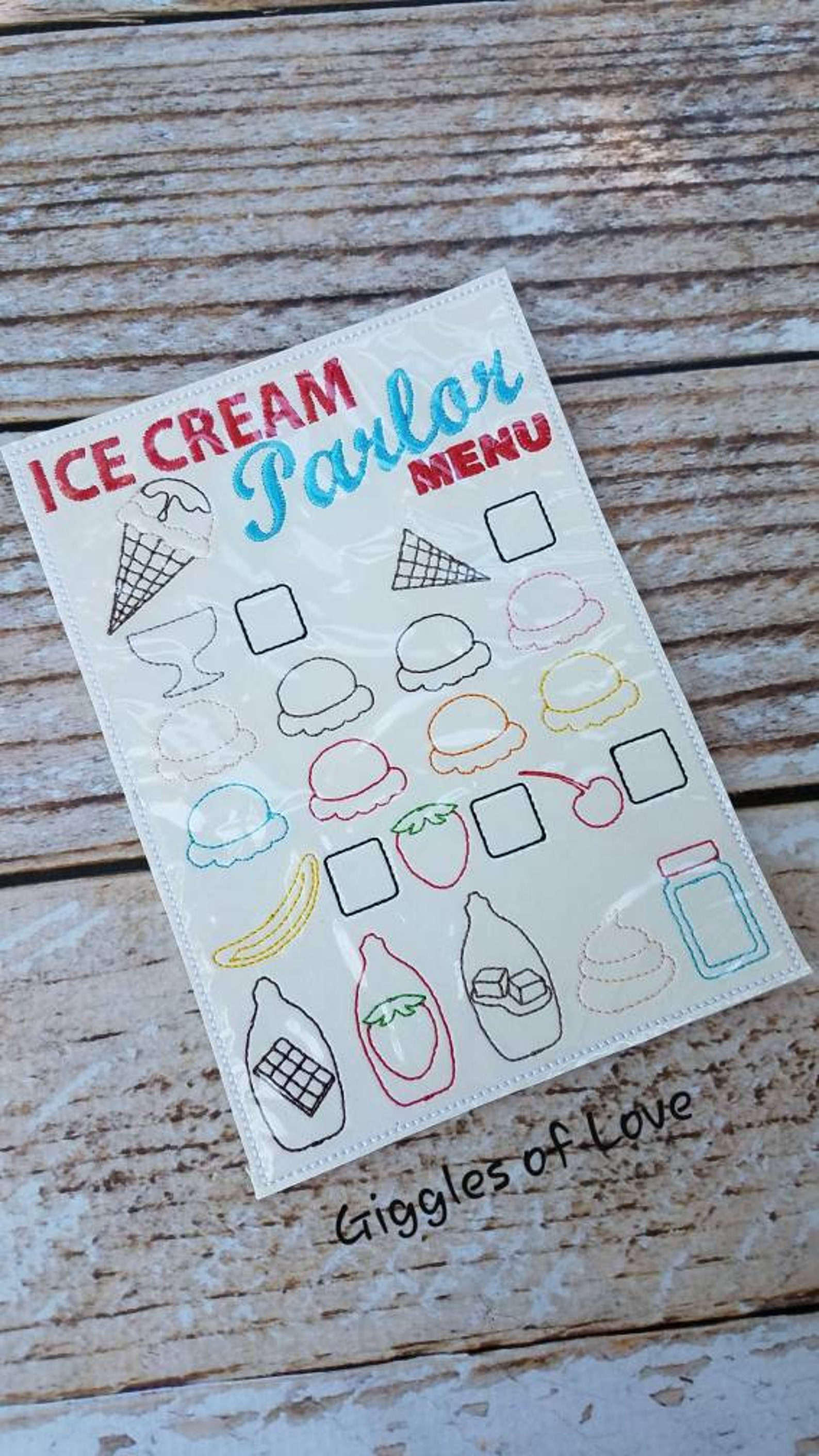 Pretend Play Reusable Ice Cream Parlor Ordering Form Embroidery
