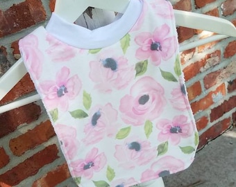 Infant or Toddler Pull Over Bib (Flannel and Terry Cloth) - Light Pink Watercolor Floral