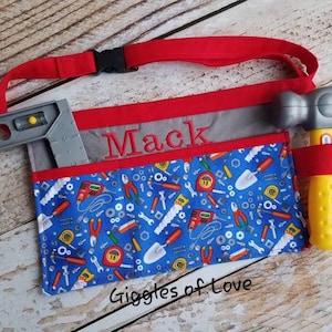 Personalized Tool Belt Kitchen Art Apron for Toddler Child Kids, Toy Handmade Gift, Buckle- Tools on Blue Hammer Saw (Belt Only)