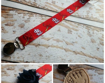 Baby Pacifier Clip - STL Cardinals Inspired Baseball, Cardinal on Bat (Shabby Rose or Feltie Option) Baby Boy Baby Girl