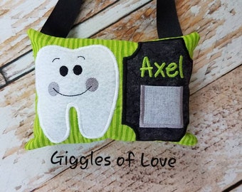 Personalized Tooth Fairy Pillow w/Front Pocket - Boy Tooth Pillow - Basic Tooth - Green and Black