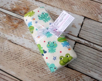 Large Receiving Blanket, Cotton Flannel Swaddling Rolled Hem Serged Edge, Frog Frogs Pond Lake Nursery Green Personalized