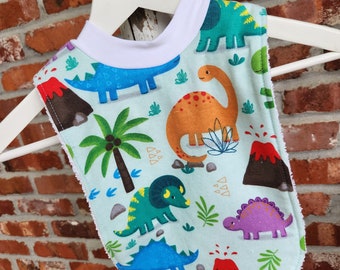 Infant or Toddler Pull Over Bib (Flannel and Terry Cloth) - Dinosaurs with Volcanoes