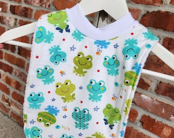 Infant or Toddler Pull Over Bib (Flannel and Terry Cloth) - Smiley Frogs