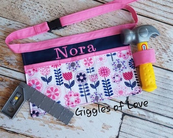 Personalized Tool Belt Kitchen Art Apron for Toddler Child Kids Girl, Toy Handmade Gift, Buckle- Navy and Pink Flowers (Belt Only)