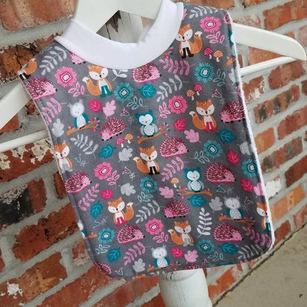 Infant or Toddler Pull Over Bib (Flannel and Terry Cloth) - Friendly Forest Animals for Girl: Fox, Bear, Turtle, Owl