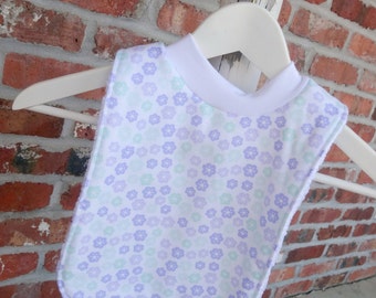 Infant or Toddler Pull Over Bib Large - Purple Lavendar Mint Green Aqua Flower Print - Baby Girl Toddler Flannel Terry Cloth