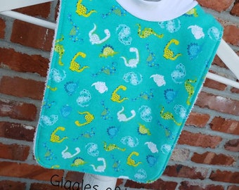 Infant or Toddler Pull Over Bib (Flannel and Terry Cloth) - Friendly Dinosaurs on Teal