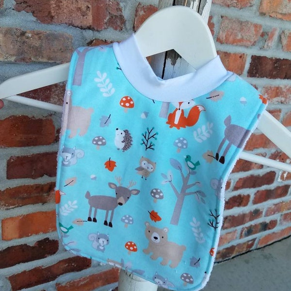 Infant or Toddler Pull Over Bib (Flannel and Terry Cloth) - Friendly Forest Animals on Aqua: Fox, Bear, Hedgehog, Deer, Owl