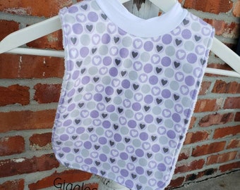 Infant or Toddler Pull Over Bib (Flannel and Terry Cloth) - Purple and Gray Hearts