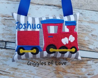 Personalized Tooth Fairy Pillow w/Front Pocket - Boy Girl Tooth Pillow - Red Train Engineer Conductor - Message me for different colors!