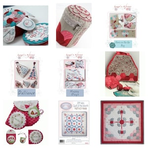 May include: A collage of nine images showcasing various sewing projects, including a small quilted bag, a pincushion, a small quilted pouch, and a larger quilted bag. The projects are all in shades of pink, red, and white with floral patterns. The text "hugs'n kisses" appears in the top left and top right corners of the collage.