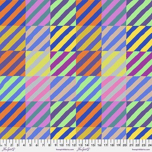 May include: A colourful fabric with a repeating pattern of diagonal stripes in various colours, including yellow, blue, green, pink, and orange.