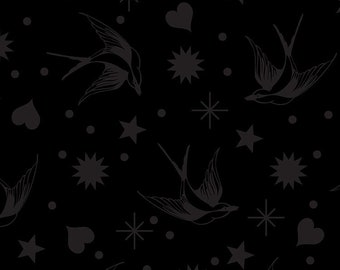 May include: A black and white seamless pattern featuring stylised flying swallows, stars, and hearts. The pattern is repeated throughout the image.