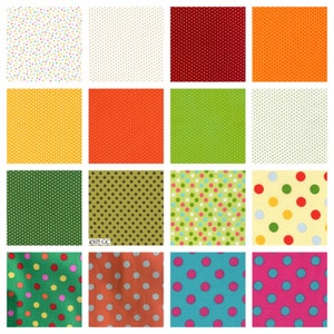 Peut inclure: Un ensemble de 16 échantillons de tissu présentant différents motifs à pois. Les échantillons sont disposés en grille, chaque échantillon présentant une combinaison de couleurs et une taille de pois uniques. Les couleurs comprennent le rouge, l'orange, le jaune, le vert, le bleu, le marron et le blanc.