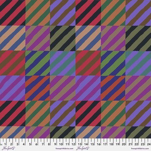 May include: A colourful fabric with a repeating pattern of diagonal stripes in various colours, including purple, green, red, brown, and black. The fabric is arranged in a grid pattern, creating a patchwork effect.