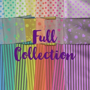 Può includere: Una collezione di campioni di tessuto colorati con diversi motivi, tra cui pois, stelle e strisce. Il testo "Full Collection" è visualizzato in viola.