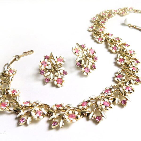 Coro Necklace and Earrings Vintage White Enamel Flower Pink Rhinestones Jewelry Set Bridal Wedding Floral Choker Demi Parure Gold Tone