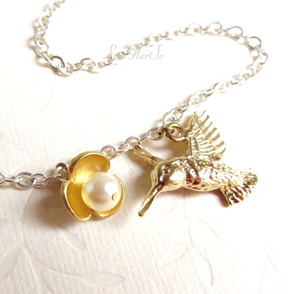 Gold Hummingbird Necklace Gold Silver Flower Necklace Floral Bird Pearl Necklace