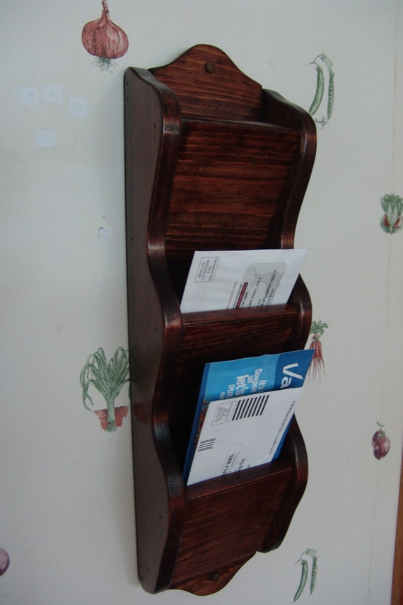 Mail Letter Rack Handcrafted Wood Organizer Key Holder WALL or DESK Red Mahogany