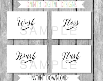 5X7 Printable 4 Piece Bathroom Sign Set- Digital Printables- Bathroom Wall Decor- Bathroom Art- White & Black decor