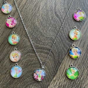 Pack 1 Tinkerbell charms Disney Peter Pan Neverland Fairy Tinker Bell Movie Art Personalized Silver Glass Pendant Necklace Gifts