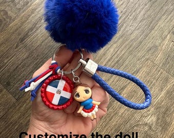 Dominican Republic Keychain country Flag Handmade 3D Doll Pompom Key chain key holder key bag charm Blue key bag charm