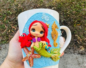 Taza de sirena 3D hecha a mano / regalo de taza de café de porcelana de sirena