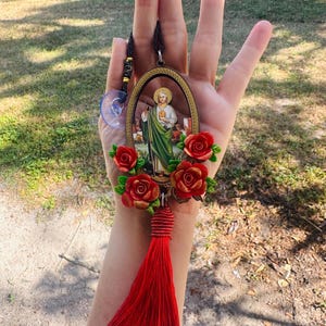 St Jude Thaddeus Car Pendant, Red Roses & Tassel, Handmade Protection Amulet image 10